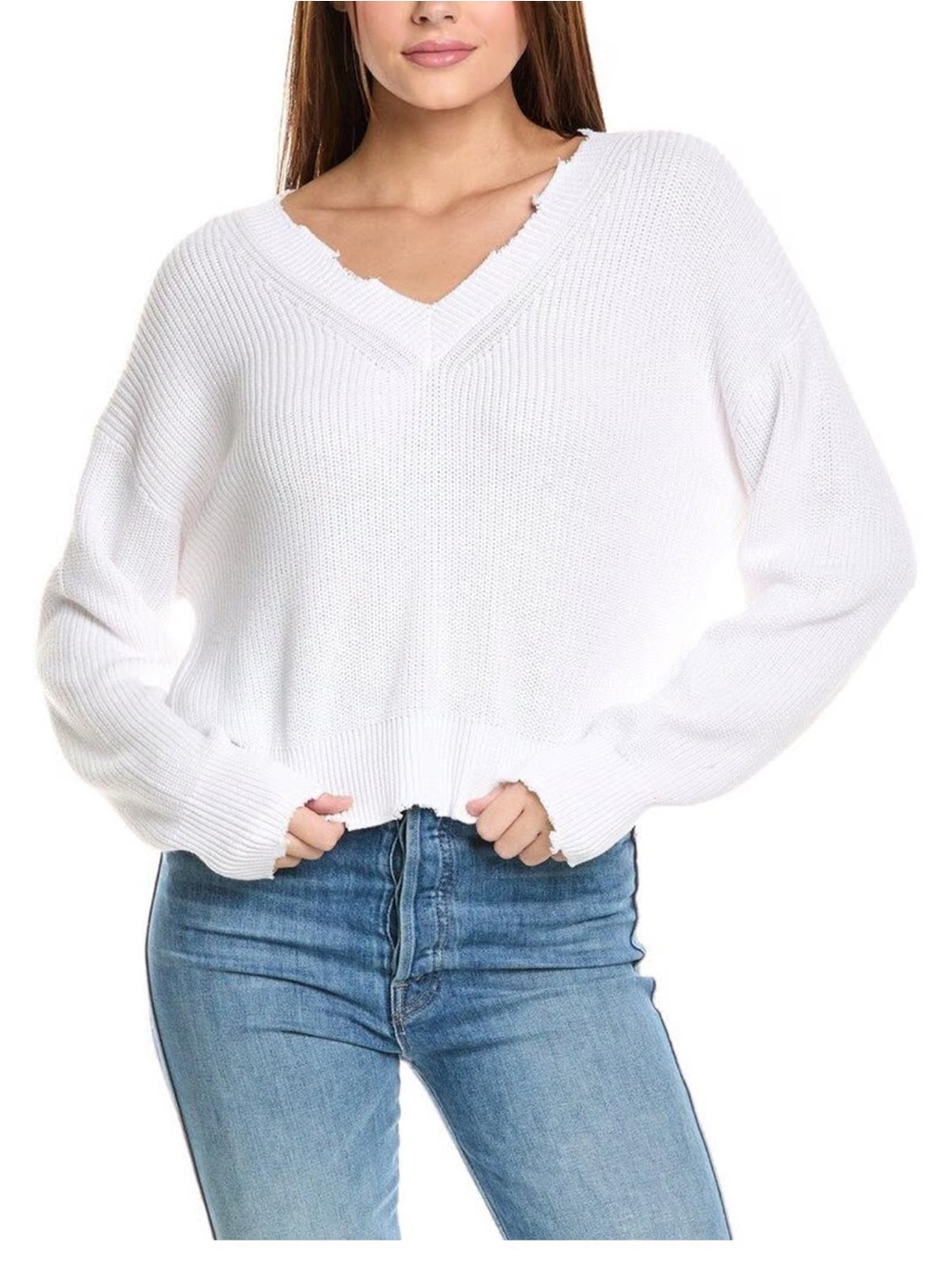 525 America White V-Neck Distressed Hem Knit Sweater
